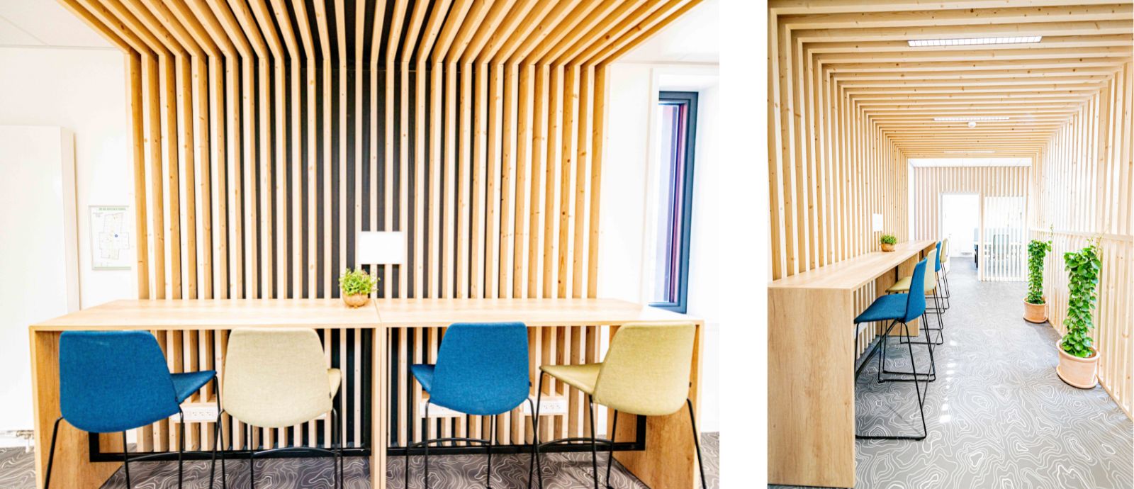 Espace de coworking à Clisson dans le batiment Alter Eco, mobilier coloré et bois