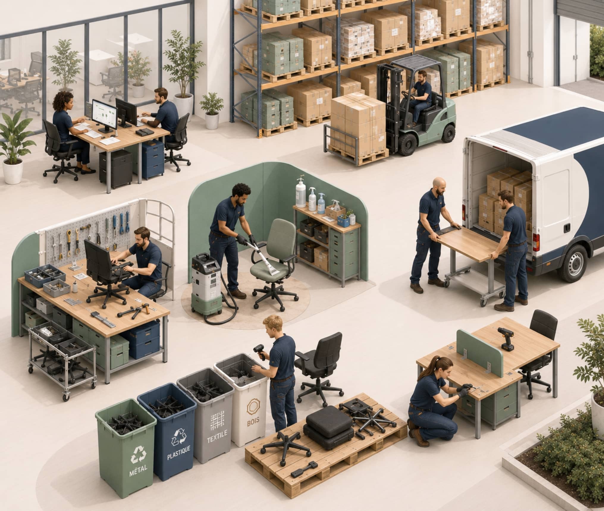 Service logistique Ouest Bureau avec livraison, stockage, nettoyage, réparation et recyclage de mobilier de bureau.