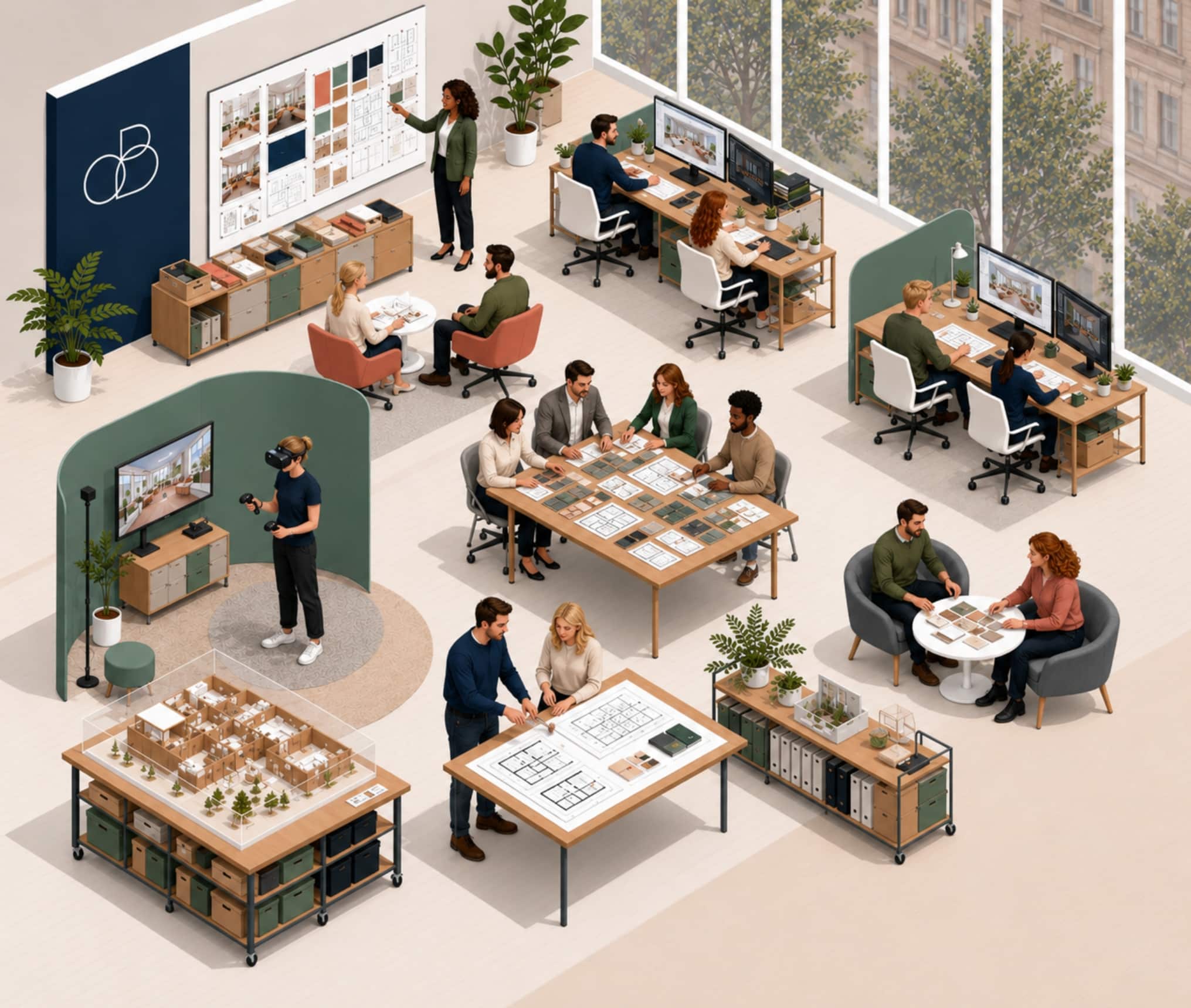 Architecture et conception d’espaces de travail avec plans, moodboard, choix des matériaux, visualisation 3D et réalité virtuelle.