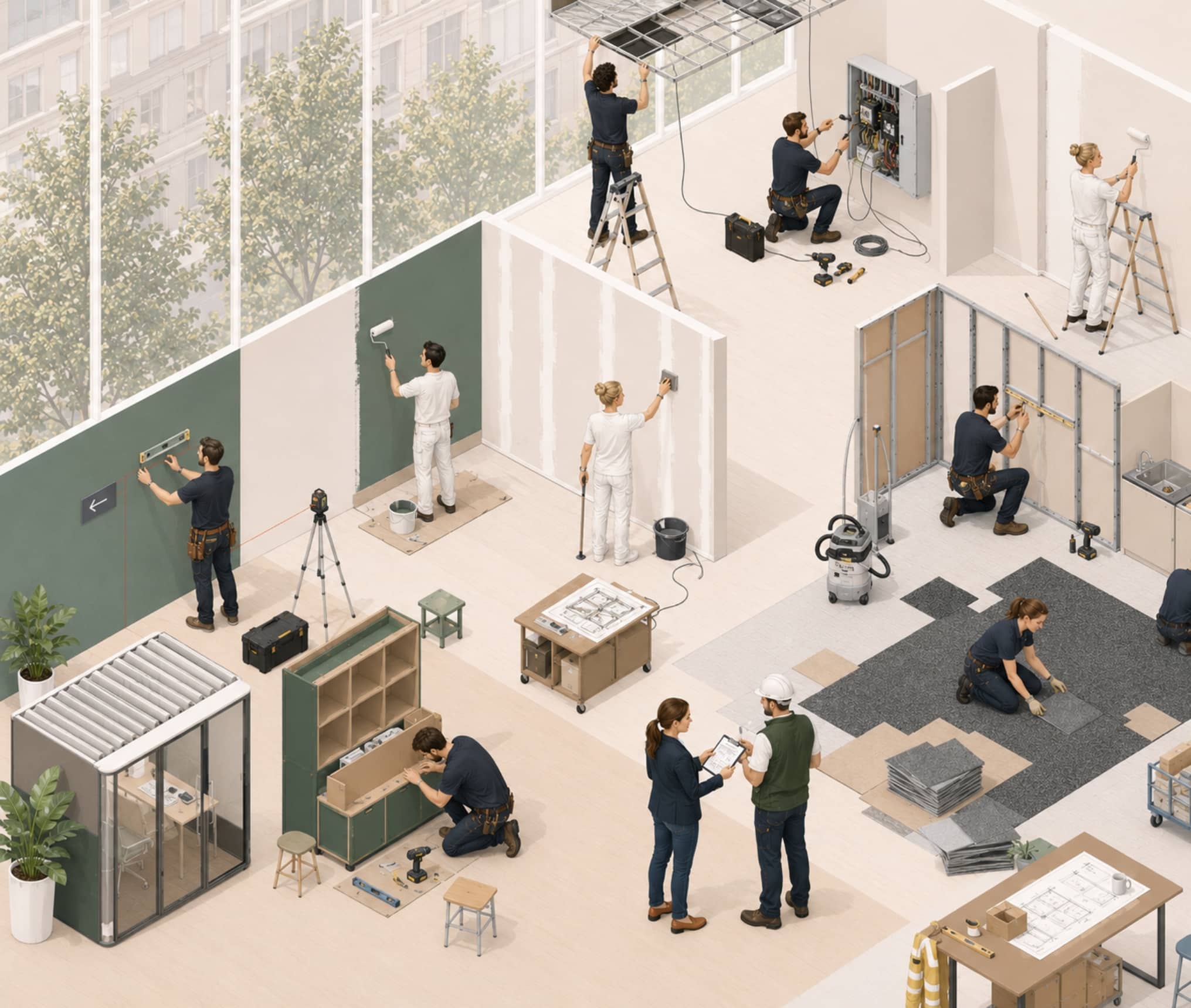 Travaux d’aménagement de bureaux avec artisans, électriciens, peintres, poseurs de sols, plaquistes et chef de chantier.
