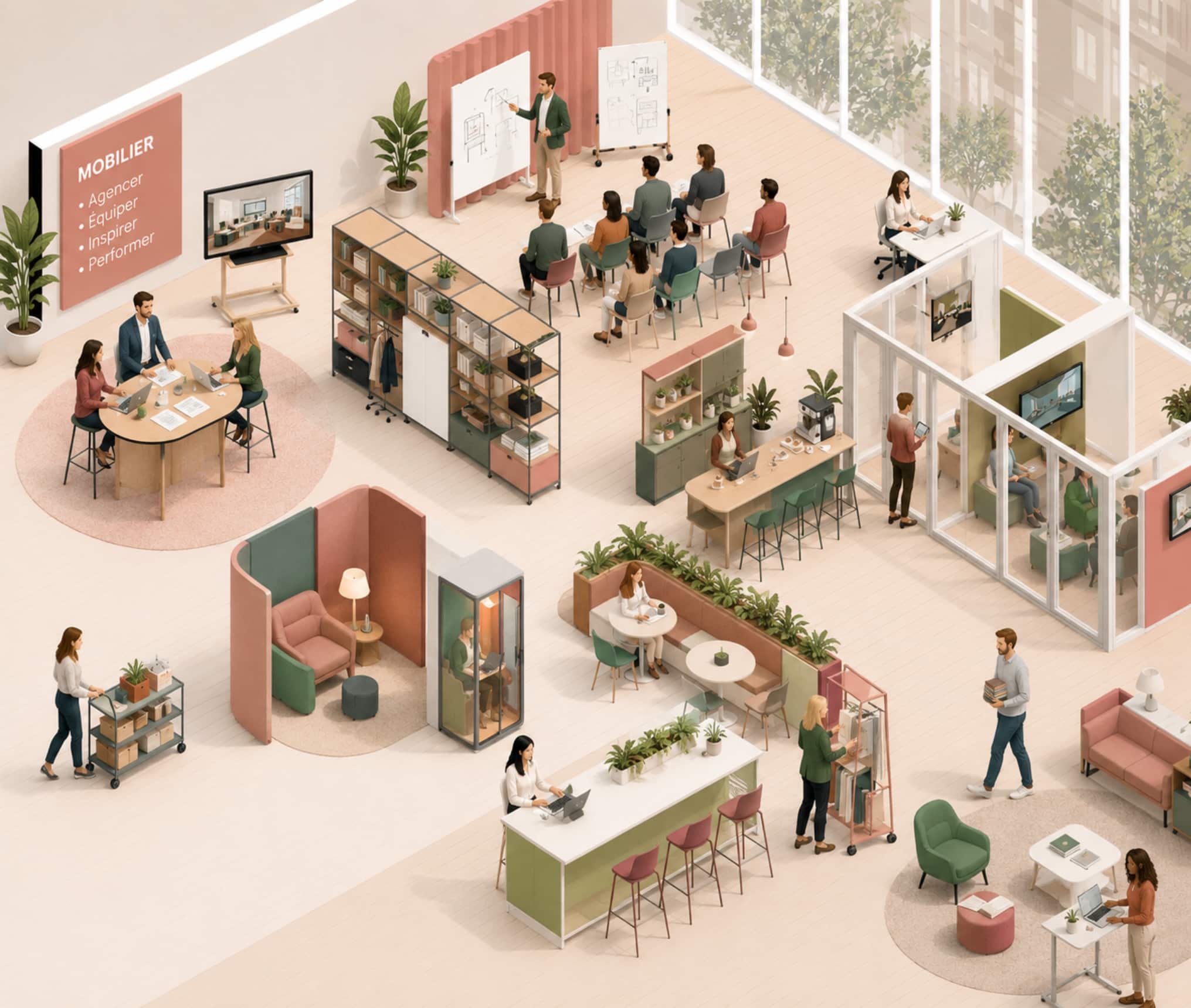 Aménagement mobilier de bureau avec espaces de travail, réunion, formation, cafétéria, lounge et cabine acoustique.